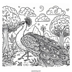 Majestic Peacock Coloring Page in Forest Landscape with Trees and Clouds