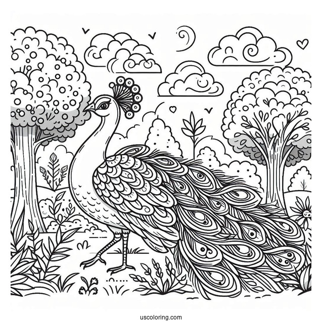 Majestic Peacock Coloring Page in Forest Landscape with Trees and Clouds