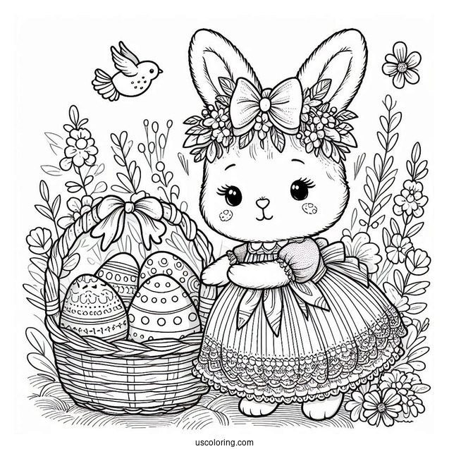 Beautiful Easter Coloring Page Of Bunny In A Dress With A Basket Full Of Eggs