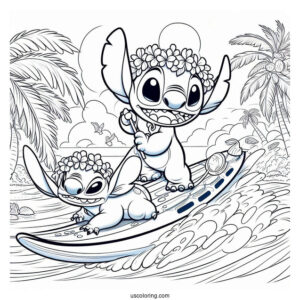 Lilo, Stitch, and Nani Pelekai Riding a Surfboard