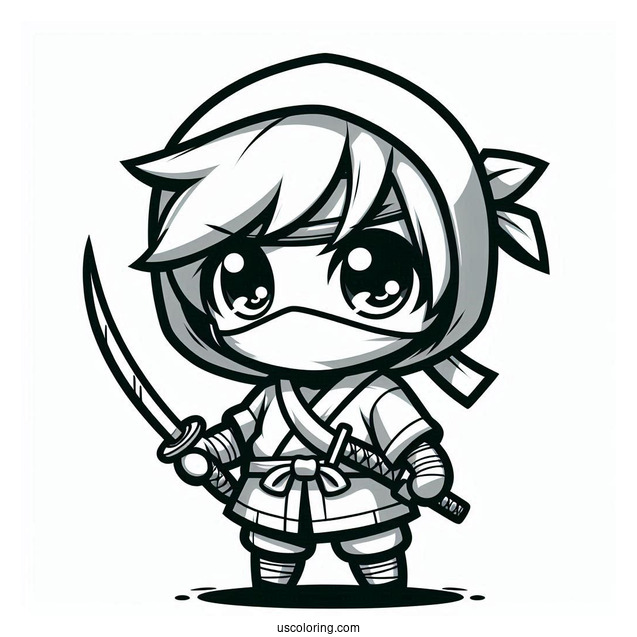 Easy Chibi Ninja With A Sword Coloring Page For Preschoolers
