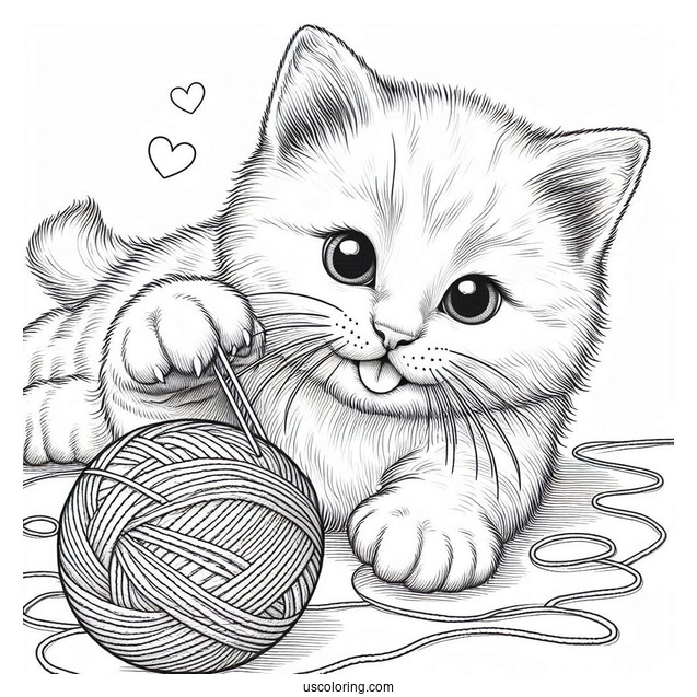 Coloring Sheet Of Realistic Cat Playing With Yarn