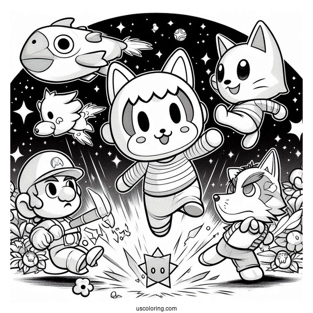 Super Smash Bros Coloring Page Of Animal Crossing Villager Leaping Over Mario And Star Fox