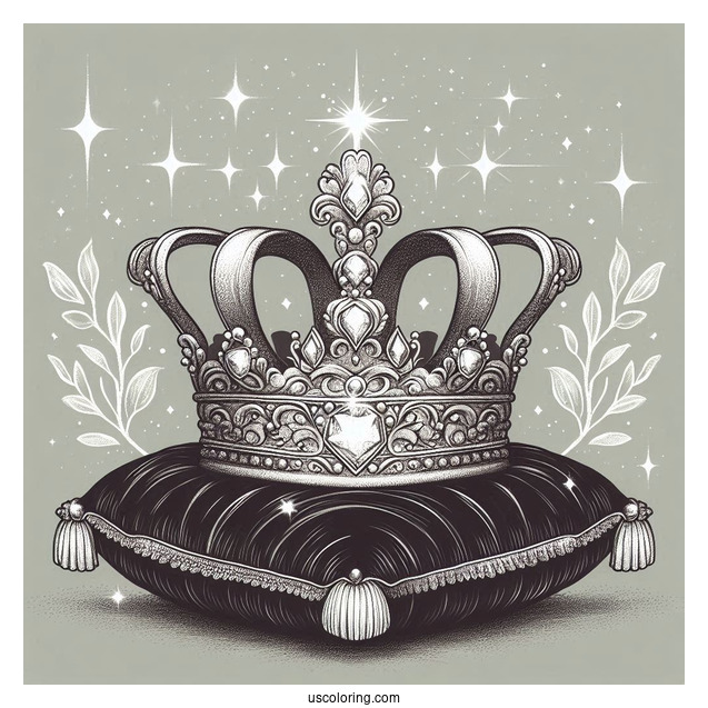 Sparkling Royal Crown Coloring Page on Velvet Pillow