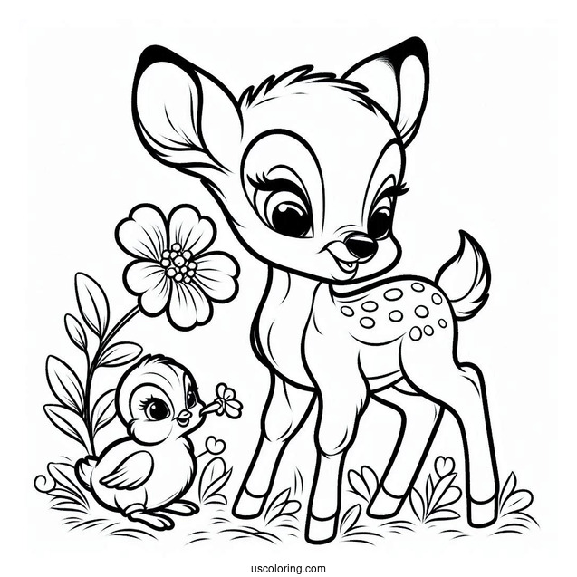 Coloring Sheet Of Bambi With Thumper And Flower