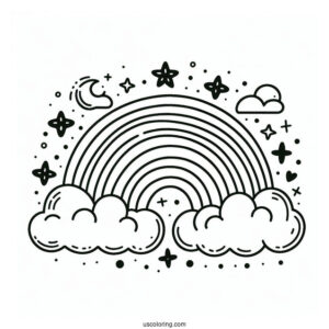 Coloring Page Of a Rainbow With Clouds And Stars