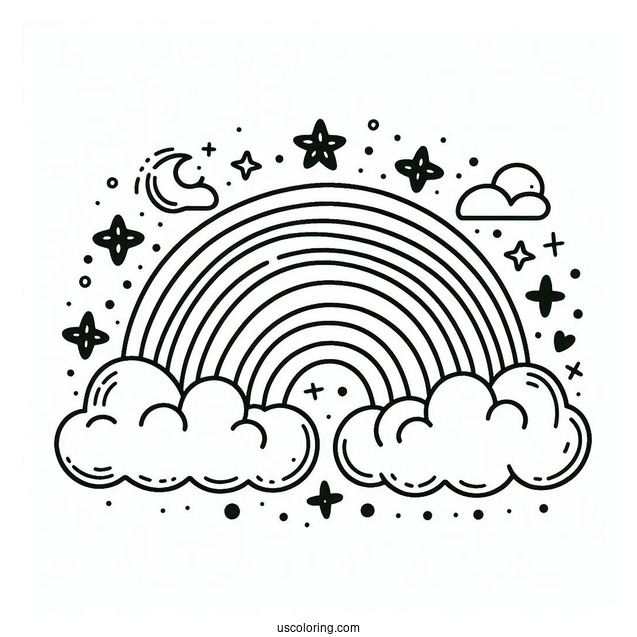 Coloring Page Of a Rainbow With Clouds And Stars