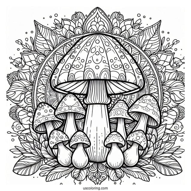 Mushroom Coloring Page In Front Of A Mandala