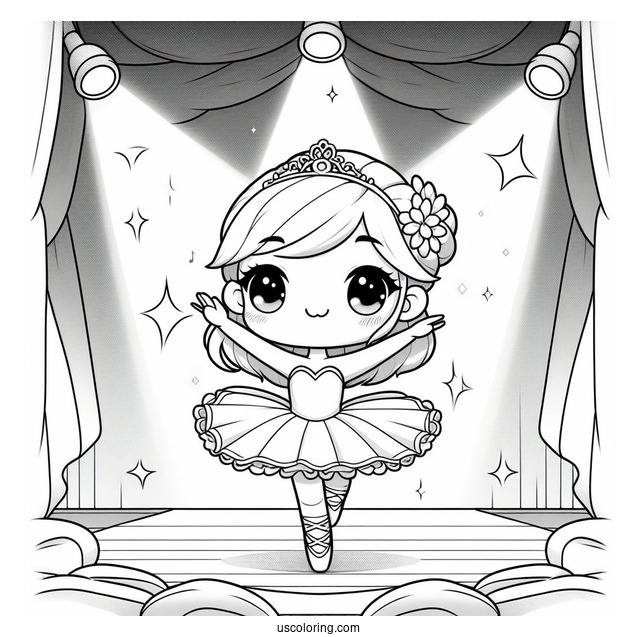 Chibi Coloring Page Ballerina Dancing on Stage Under a Spotlight For Kids