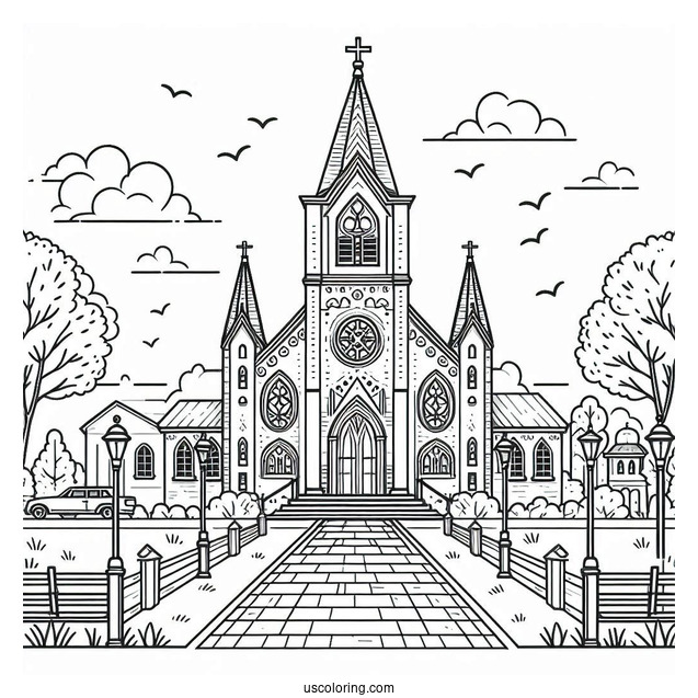 Large Catholic Church Coloring Page With A Walkway For Kids