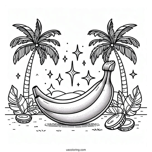 Sparkling Banana Coloring Page With Coconut Trees In The Background