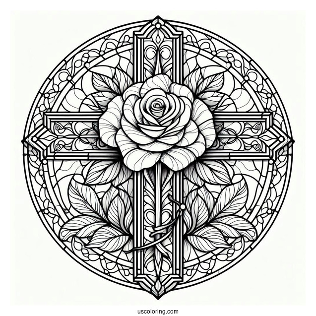 Rose Cross Stained Glass Coloring Page