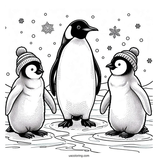 3 Emperor Penguins On Ice Coloring Page