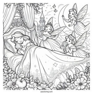 Sleeping Beauty With The Three Fairies Coloring Page