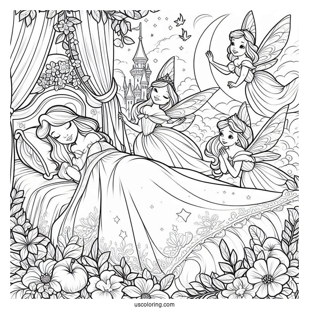 Sleeping Beauty With The Three Fairies Coloring Page