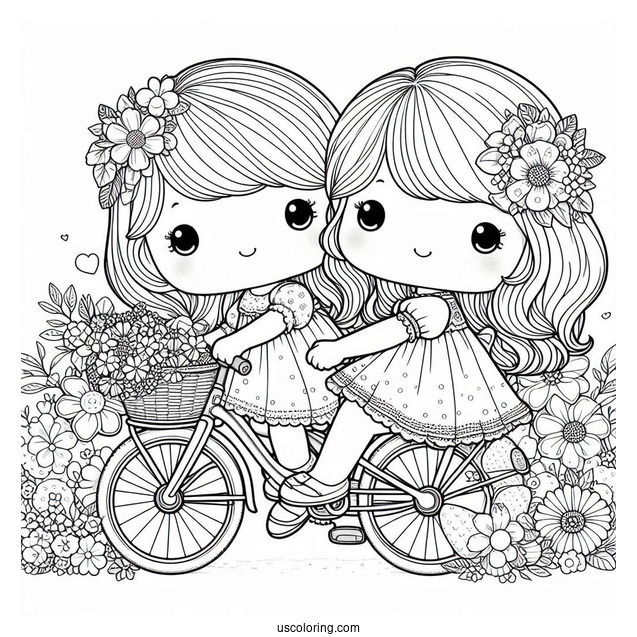 Precious Moments Coloring Page Of Two Girls Riding Bicycle