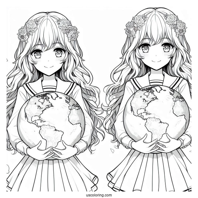 Beautiful Anime Girl Holding The Earth Coloring Page