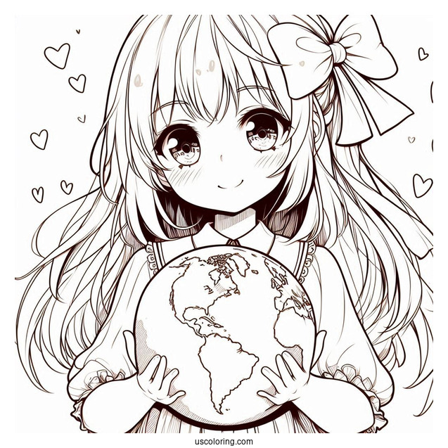 Beautiful Anime Girl Holding The Earth Coloring Page