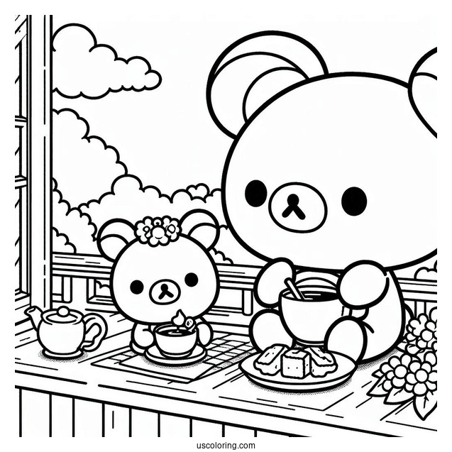 Rilakkuma Coloring Page Having Tea With Kiiroitori In The Balcony