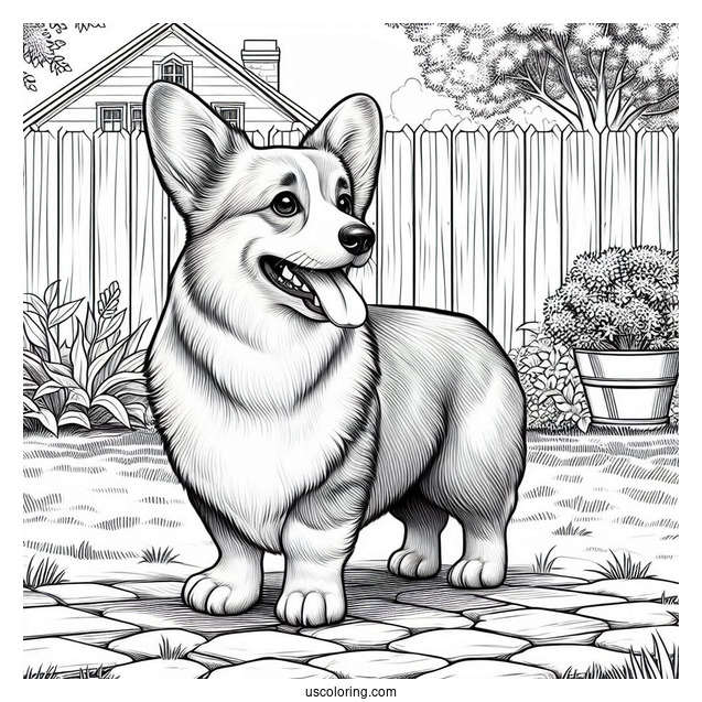 Realistic Welsh Corgi Coloring Page In Backyard