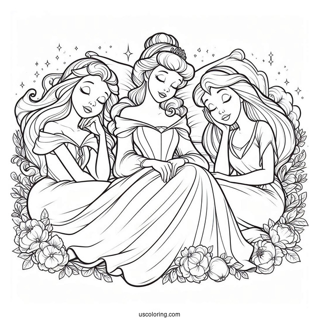 Sleeping Beauty Coloring Page Of Fairy Godmothers Flora, Fauna, And Merryweather Beside Sleeping Beauty