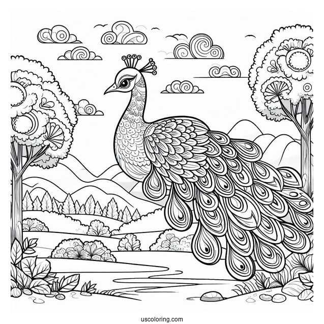 Majestic Peacock Coloring Page in Forest Landscape with Trees and Clouds