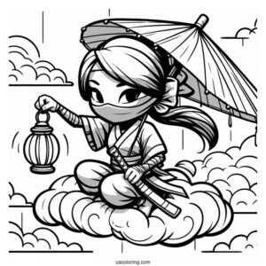 Ninja On A Cloud Holding A Lantern Coloring Sheet For Kids