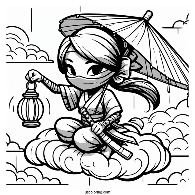 Ninja On A Cloud Holding A Lantern Coloring Sheet For Kids