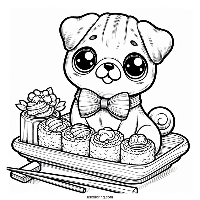 Kawaii Pug Coloring Page and Sushi Platter