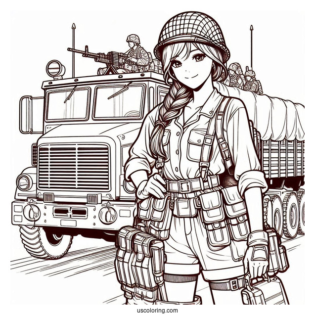 Female Soldier Coloring Page Standing In Front Of Military Truck