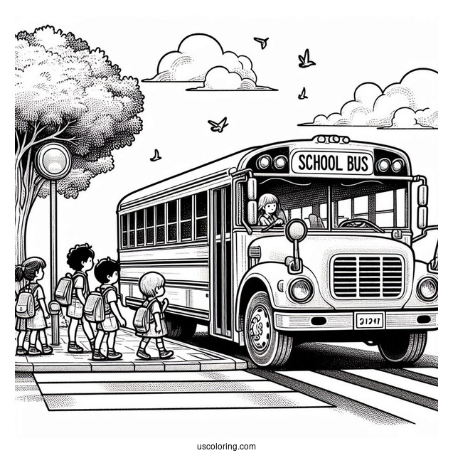 School Bus Picking Up Students At Bus Stop