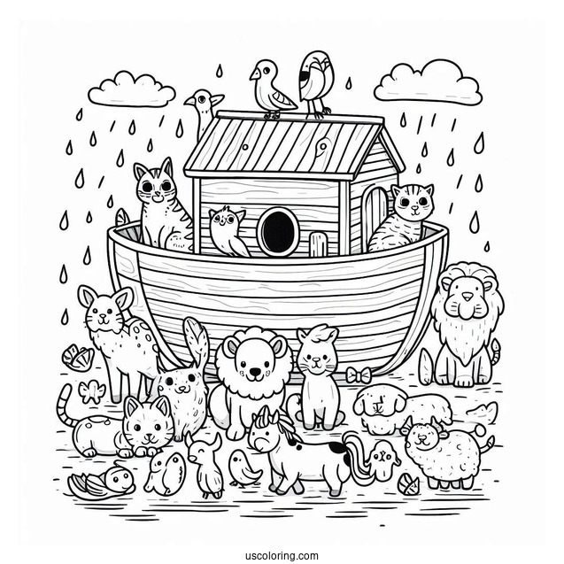 Simple Cartoon Noah's Ark Coloring Page Filled With Animals