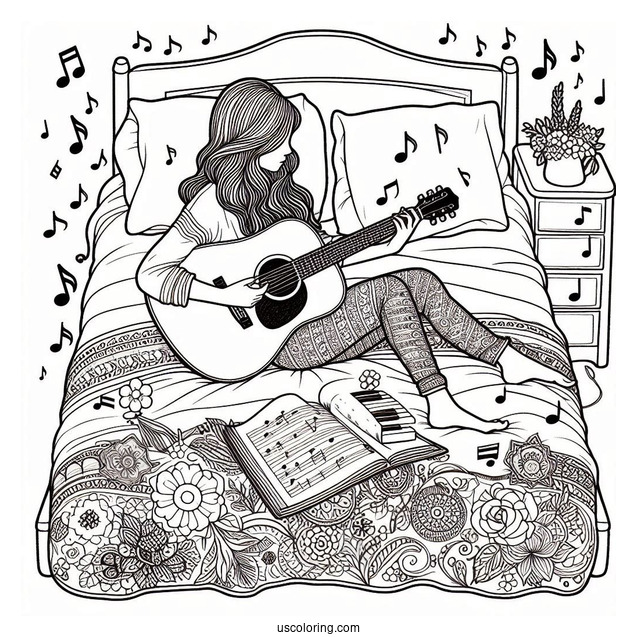 Music Coloring Page Of Woman Playing Acoustic Guitar On Bed