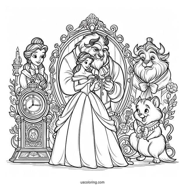 Belle With Cogsworth, Chip, Mrs Potts And The Beast