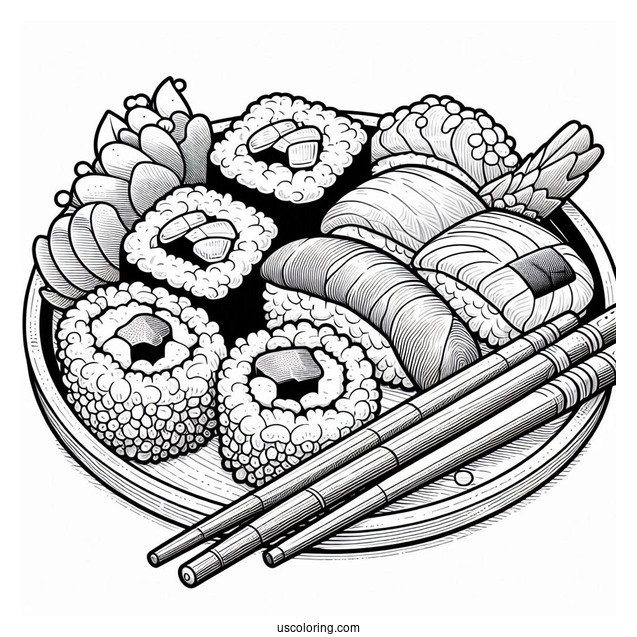 Realistic Sushi Coloring Pages Plate
