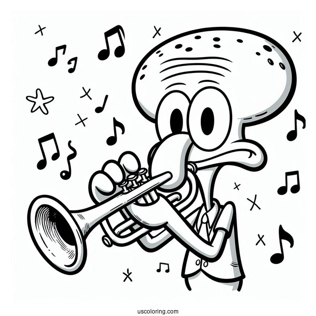 Cute Squidward Coloring Page Playing Trumpet For Kids