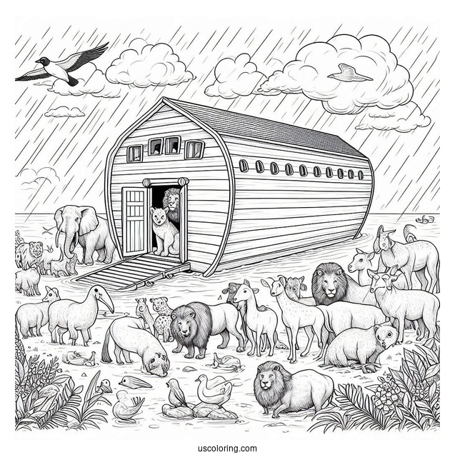Noah's Ark Coloring Page Of Realistic Animals Outside The Ark After The Flood
