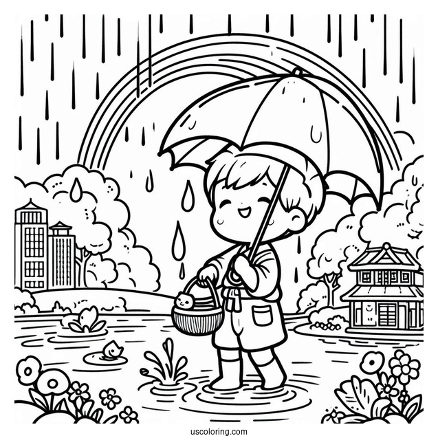 Child Playing In The Rain Coloring Page