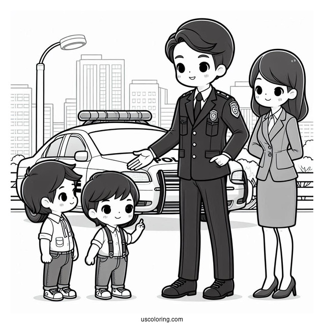 Office Standing Outside Police Car Coloring Page Speaking To Children