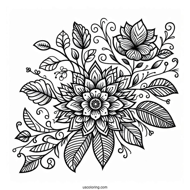 Complex Flower And Leaves Pattern Coloring Page