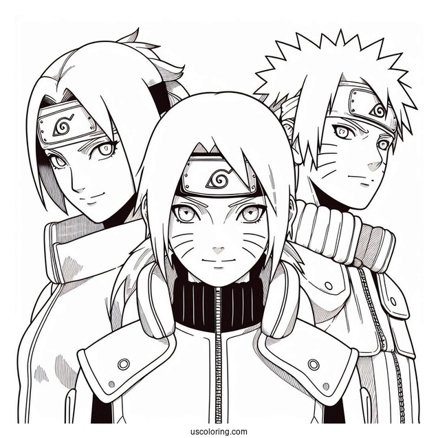 Kakashi Coloring Page Of Obito, Rin, Minato, And Young Naruto For Kids