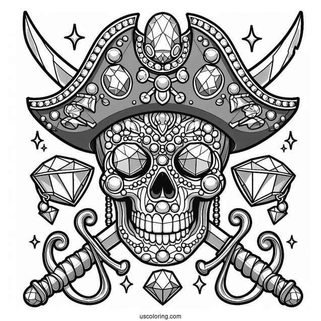 Bejeweled Pirate Coloring Page Skull With Swords For Kids