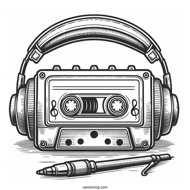 Music Coloring Page Of Retro Cassette Tape With Headphones