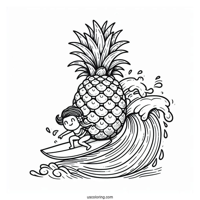 Surfing Pineapple Coloring Page Riding a Giant Wave For Kids