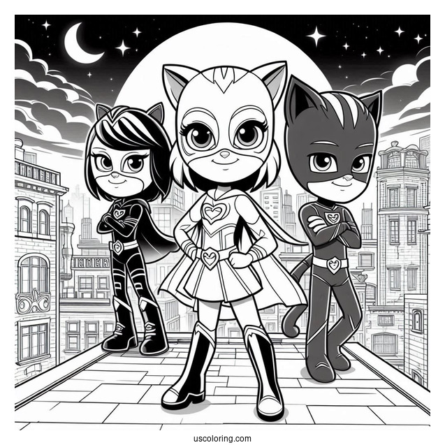 PJ Masks Coloring Page Of Luna Girl, Romeo, And Night Ninja On Rooftop At Night