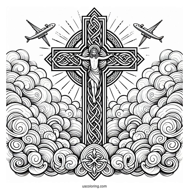 Detailed Celtic Cross Coloring Page In The Clouds With Jesus At The Center