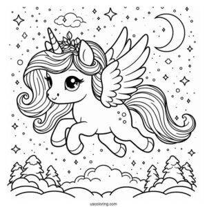 Cute Pegasus Coloring Page In the Night Sky For Kids