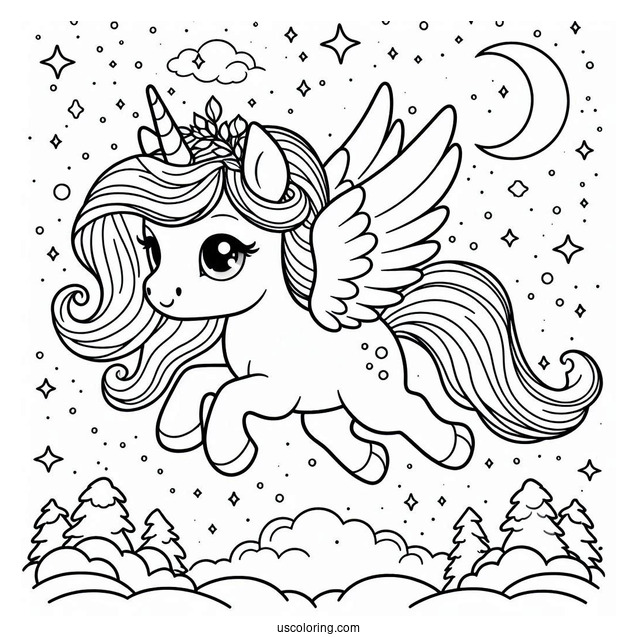 Cute Pegasus Coloring Page In the Night Sky For Kids