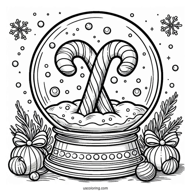 Candy Cane Coloring Page In A Snow Globe
