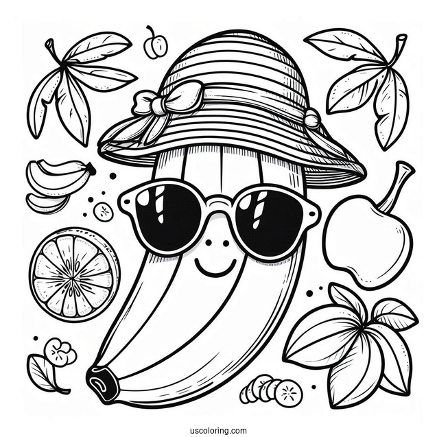 Banana Coloring Page With A Hat And Sunglasses For Kids